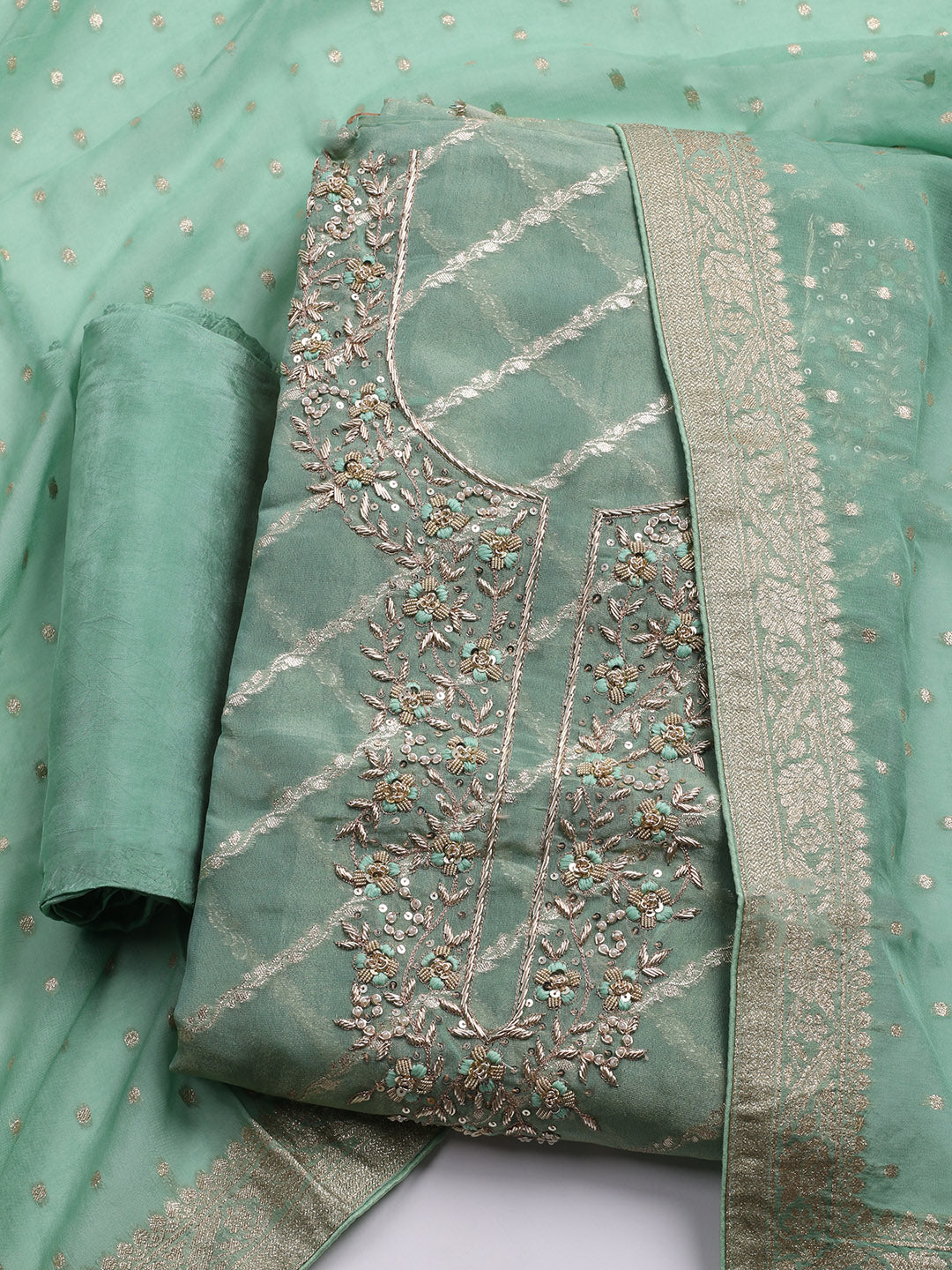 Embroidered Chanderi Unstitched Suit With Dupatta