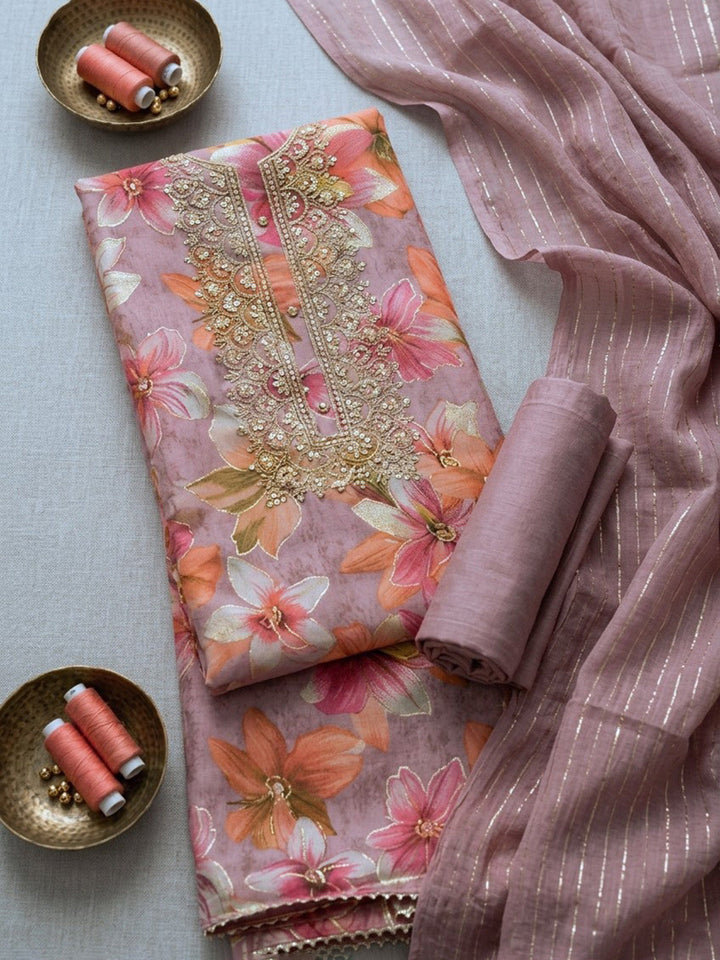 Embroidered Cotton Blend Unstitched Suit With Pant &amp; Dupatta