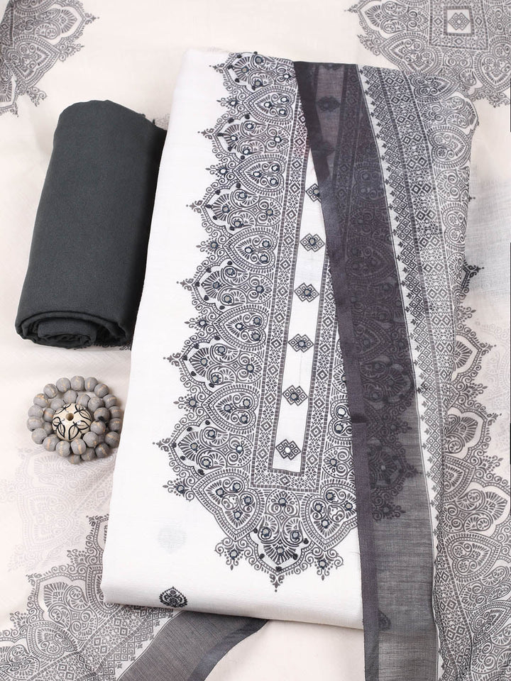 Printed Cotton Blend Unstitched Suit With Pant &amp; Dupatta