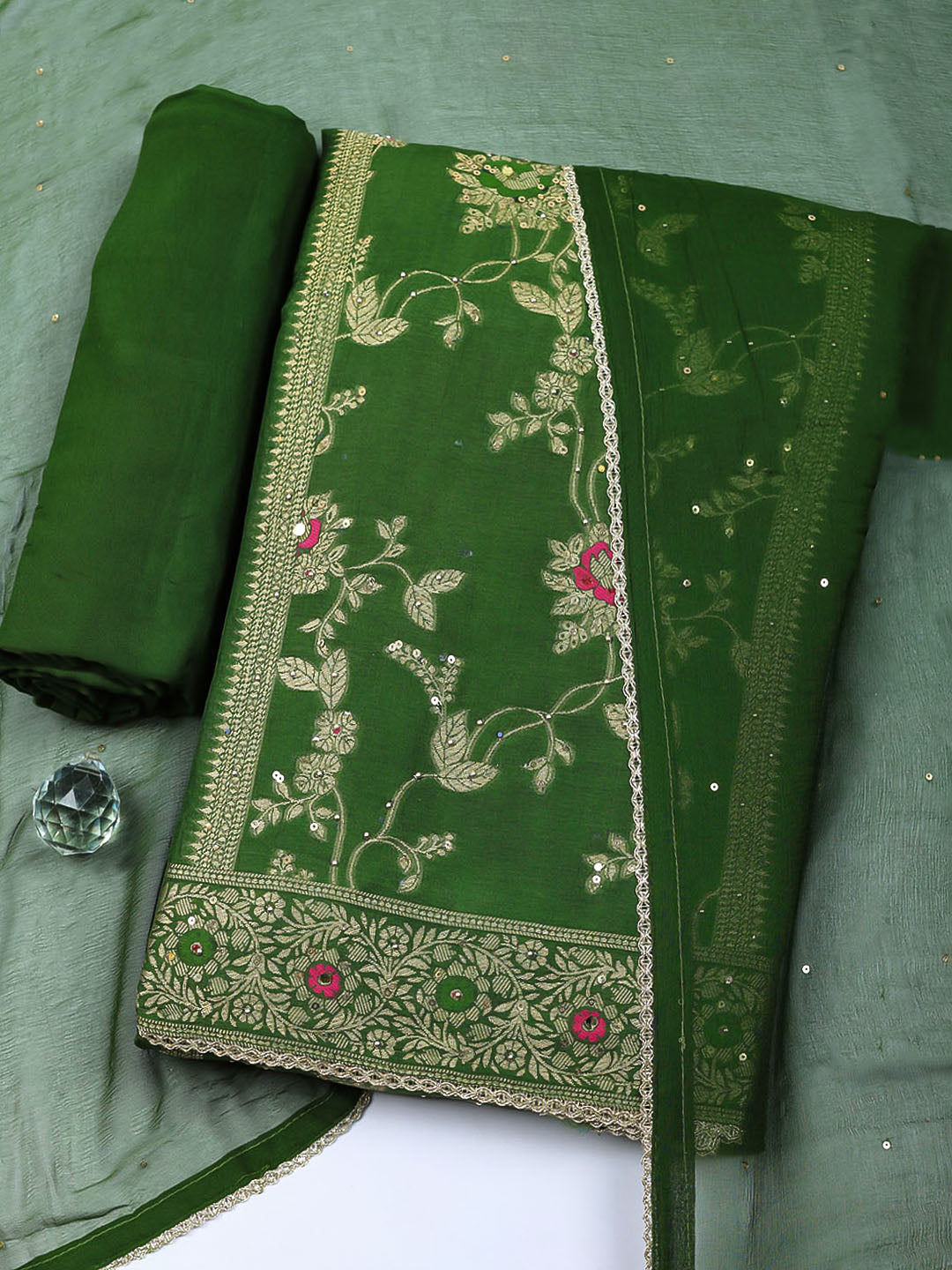 Woven Design Chanderi Unstitched Suit With Pant &amp; Dupatta