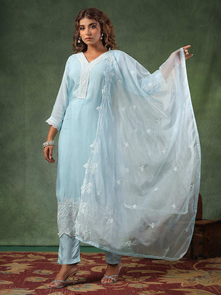 Blue Cotton Blend Embroidered Straight Suit Set