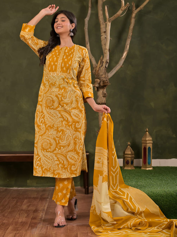Yellow Embroidered Cotton Blend Straight Suit Set With Dupatta