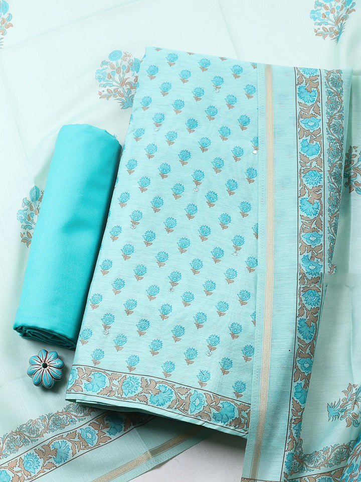 Printed Chanderi Unstitched Suit With Pant &amp; Dupatta