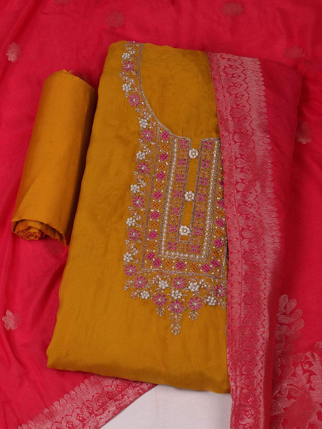 Neck Embroidered Organza Unstitched Suit Piece With Dupatta