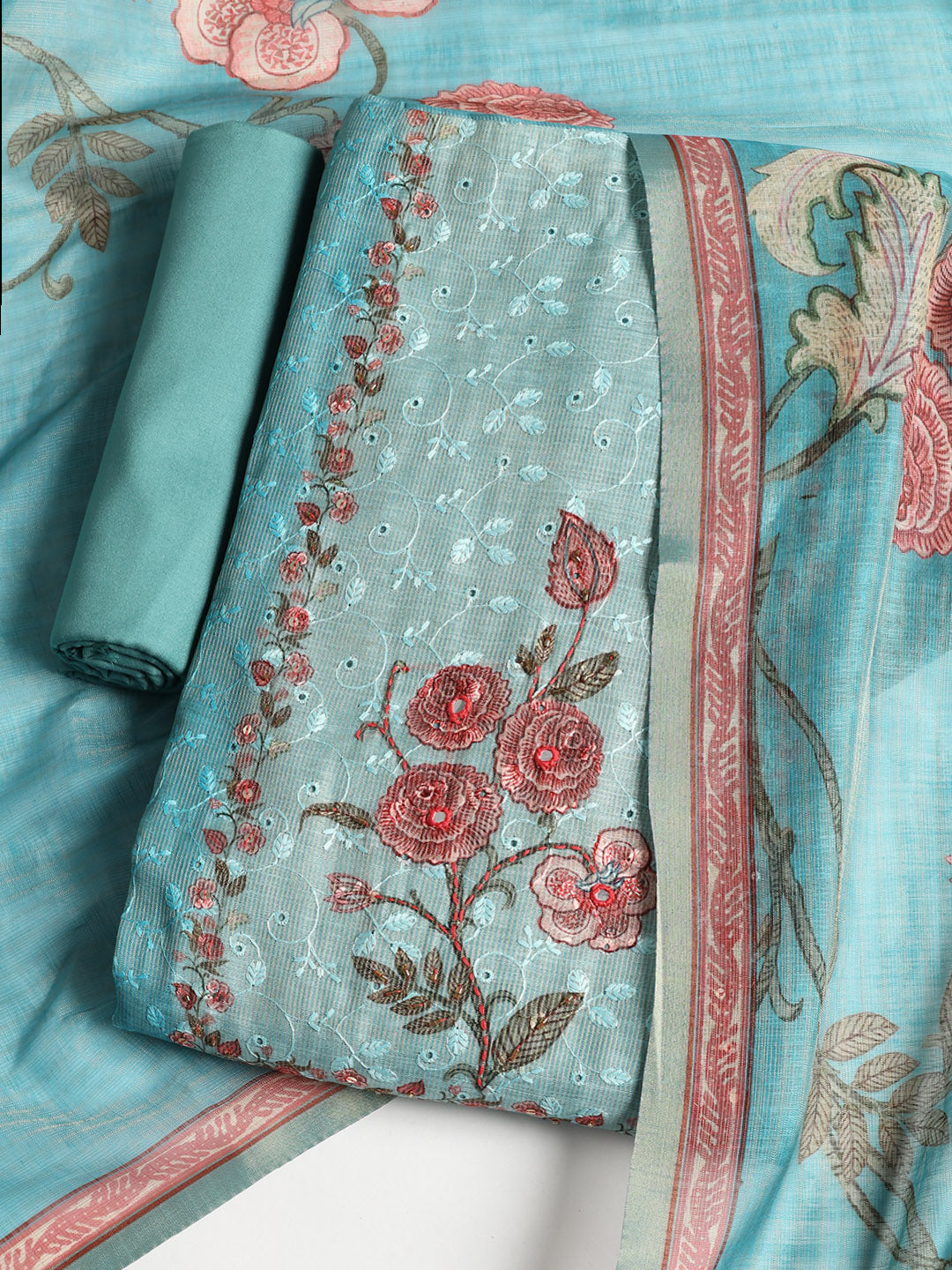 Neck Embroidered Chanderi Unstitched Suit With Dupatta