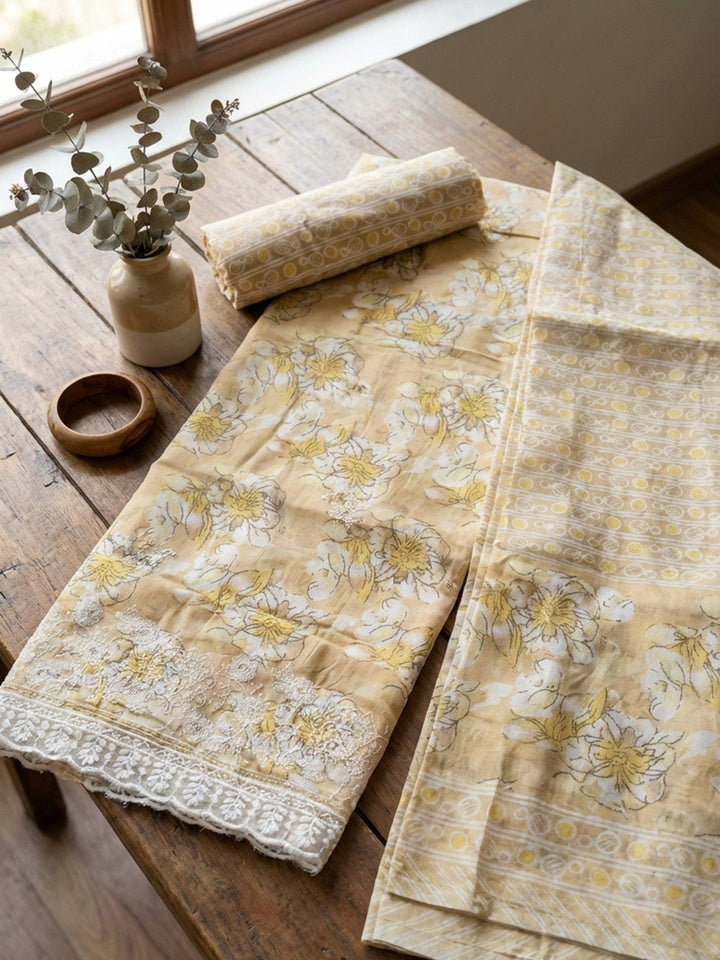 Printed Cotton Blend Unstitched Suit With Pant &amp; Dupatta