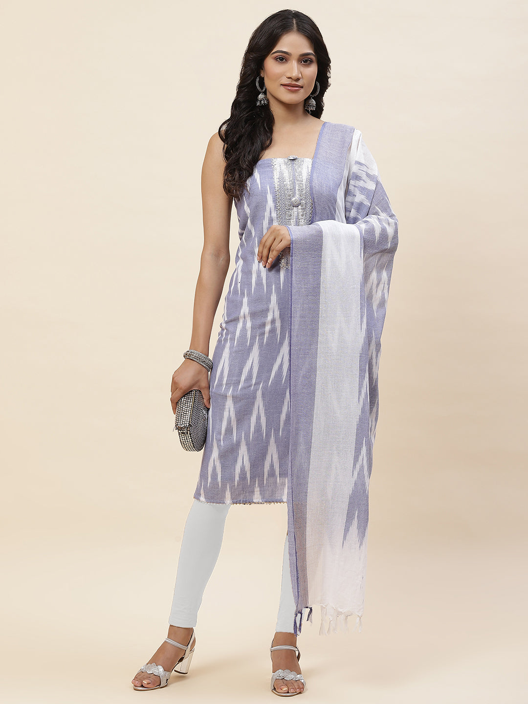 Neck Embroidered Printed Cotton Unstitched Suit Piece With Dupatta