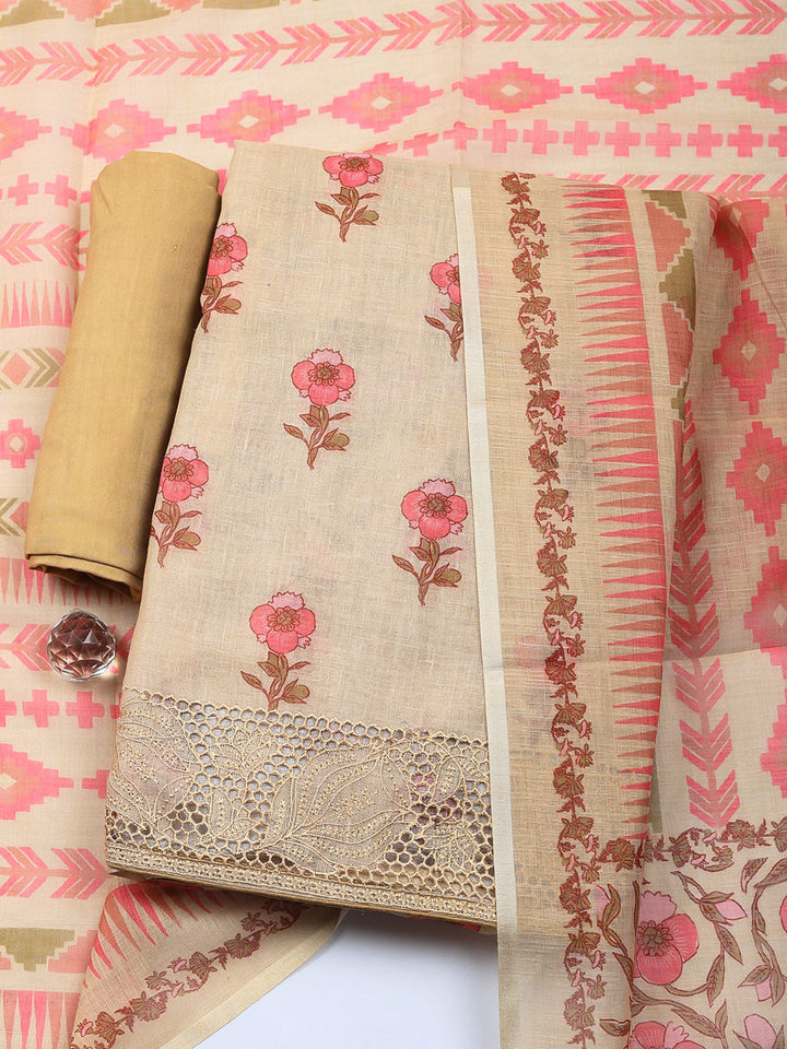 Embroidered Linen Blend Unstitched Suit With Pant &amp; Dupatta