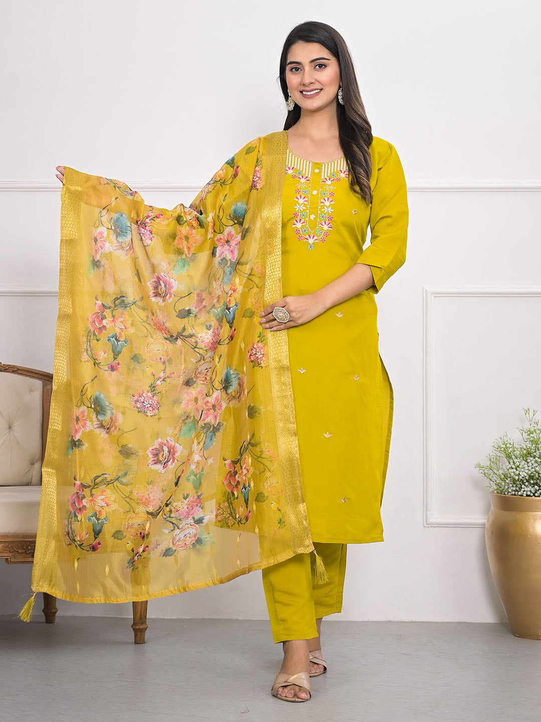 Neck Embroidery Muslin Kurta With Pants &amp; Dupatta