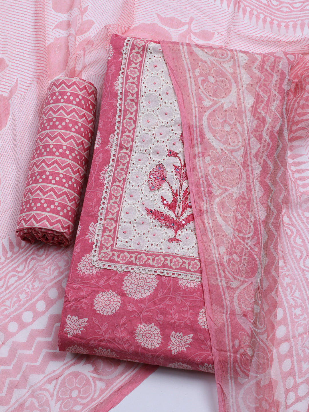 Printed Cotton Blend Unstitched Kurta With Pant &amp; Dupatta