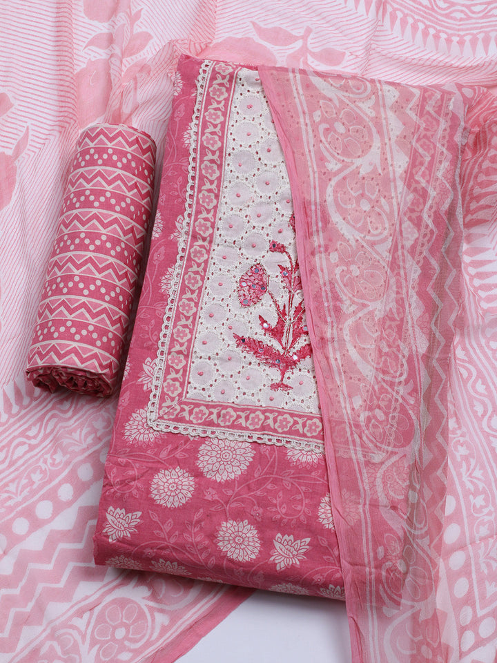 Printed Cotton Blend Unstitched Kurta With Pant &amp; Dupatta