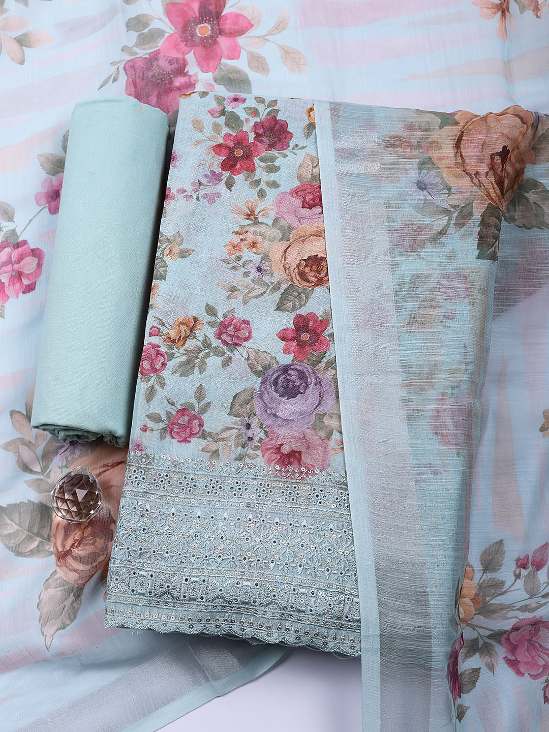 Embroidered Linen Blend Unstitched Suit With Pant &amp; Dupatta