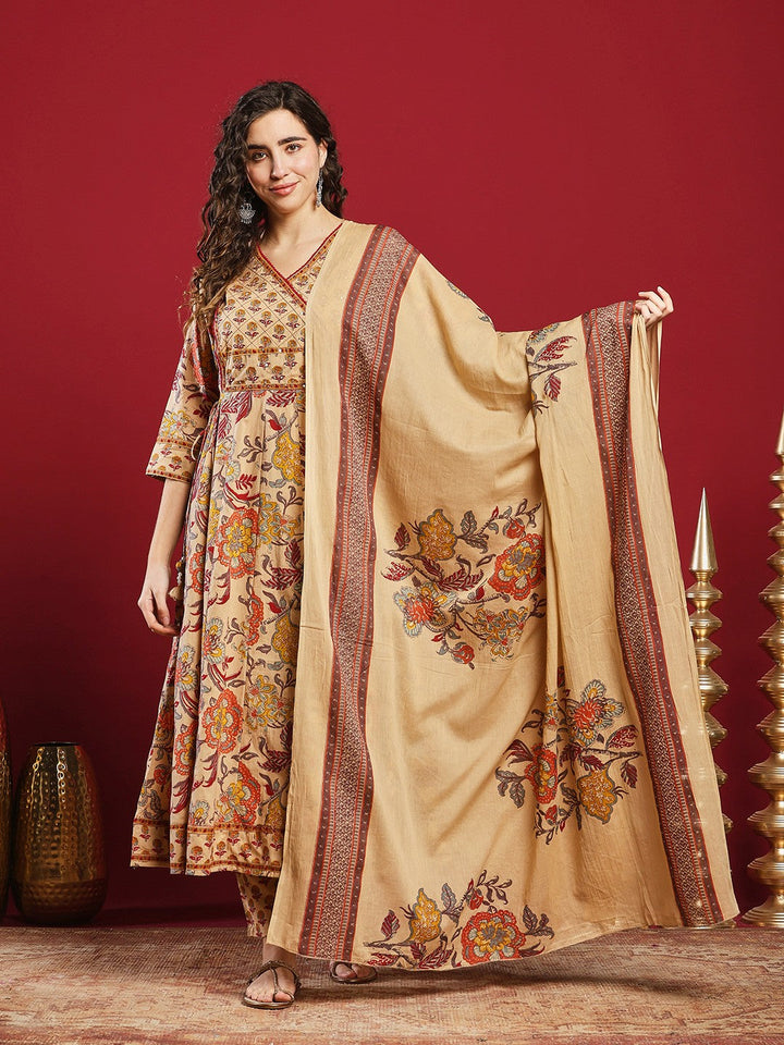 Printed Cotton Kurta With Pant &amp; Dupatta