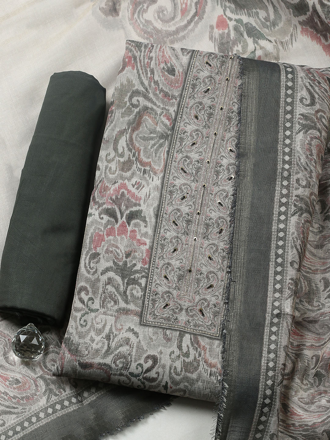 Embroidered Linen Blend Unstitched Suit With Pant &amp; Dupatta