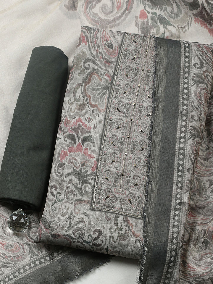 Embroidered Linen Blend Unstitched Suit With Pant &amp; Dupatta