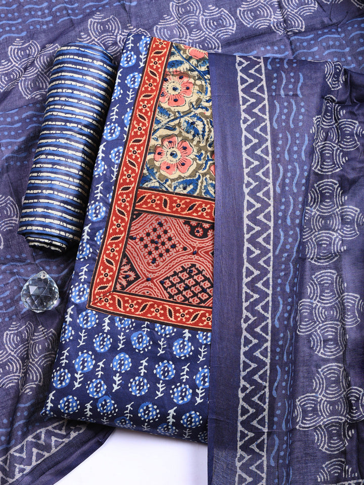 Printed Cotton Blend Unstitched Suit With Pant &amp; Dupatta