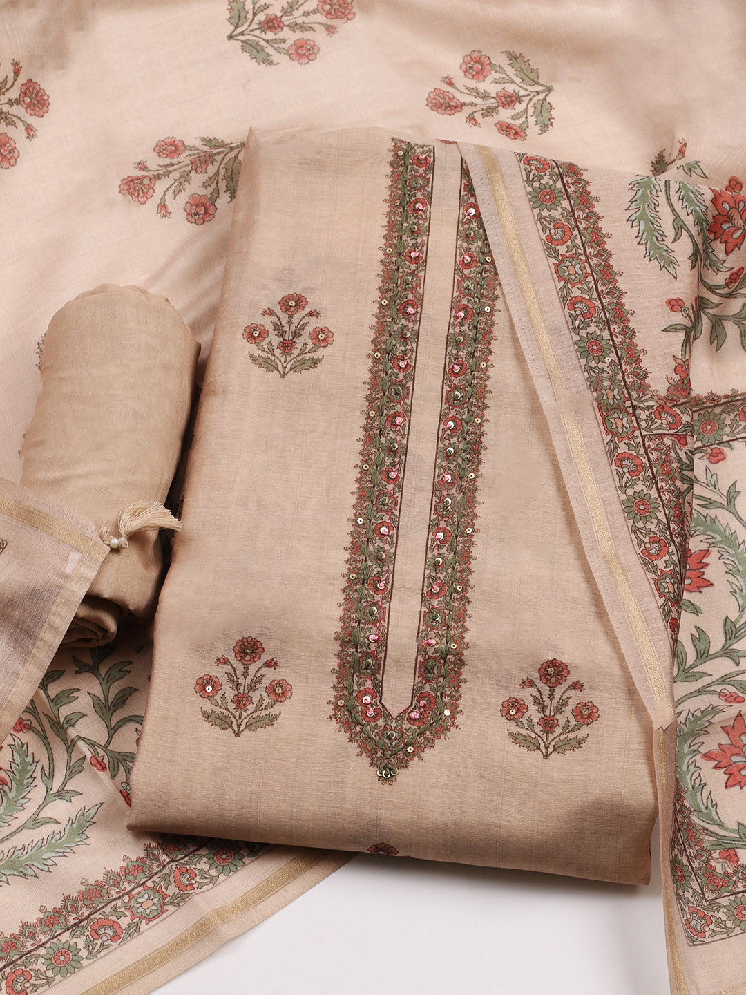 Embroidered Chanderi Unstitched Suit With Pant &amp; Dupatta