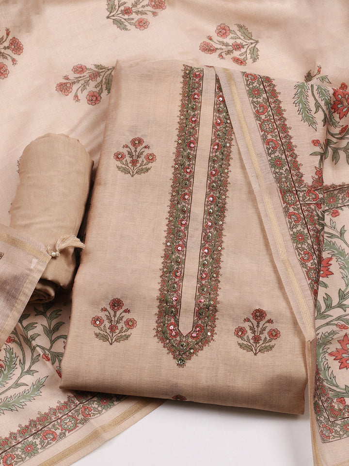 Embroidered Chanderi Unstitched Suit With Pant &amp; Dupatta