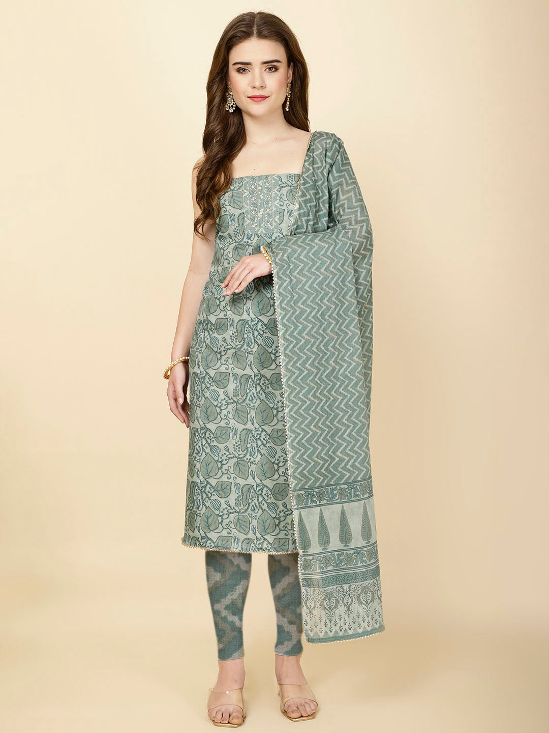 Neck Patti Printed Cotton Unstitched Suit Piece With Dupatta