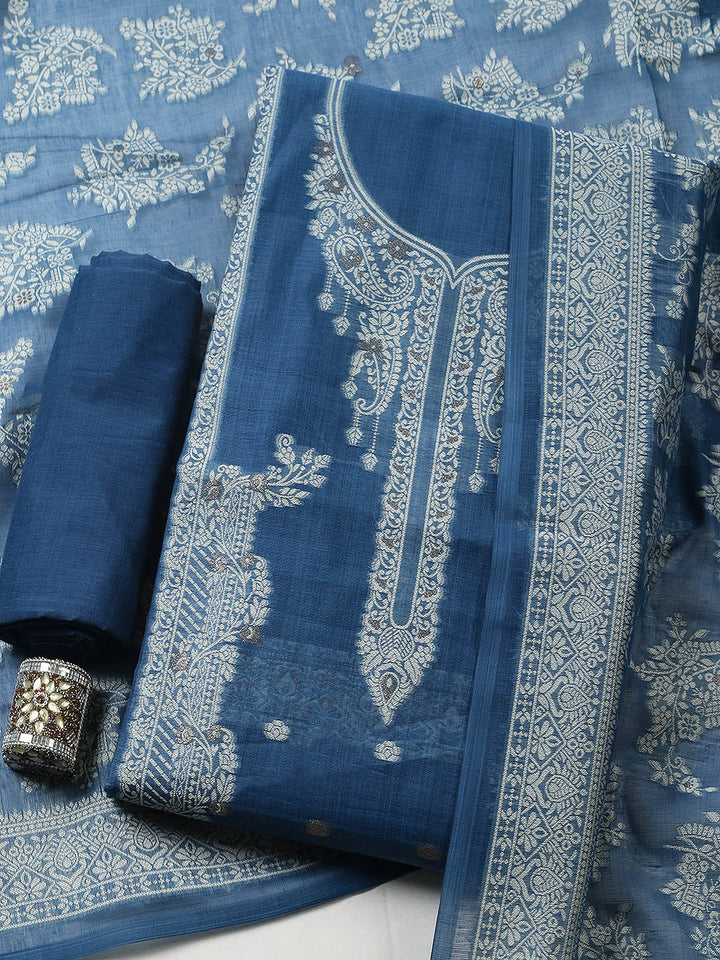 Printed Chanderi Unstitched Suit With Pant &amp; Dupatta