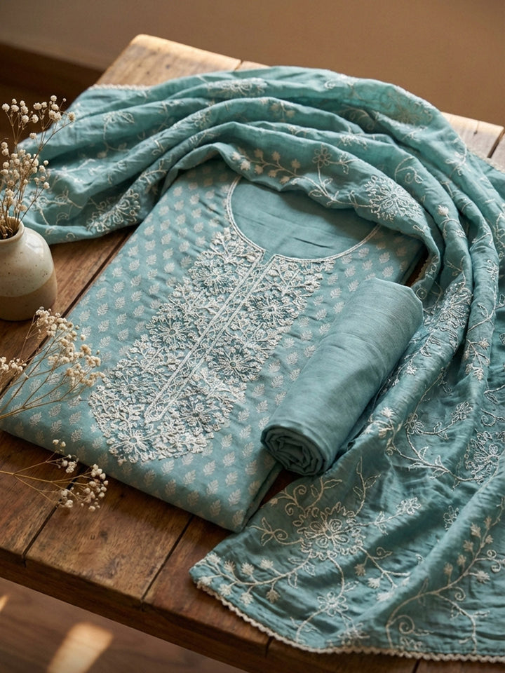 Printed Cotton Blend Unstitched Suit With Pant &amp; Dupatta