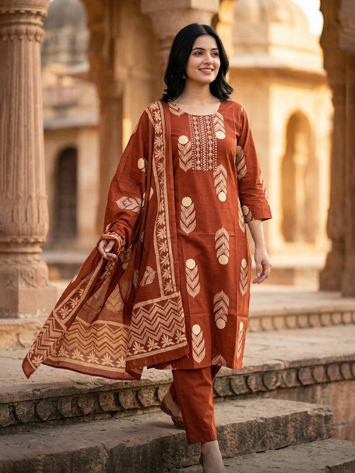 Red Embroidered Cotton Blend Straight Suit Set With Dupatta