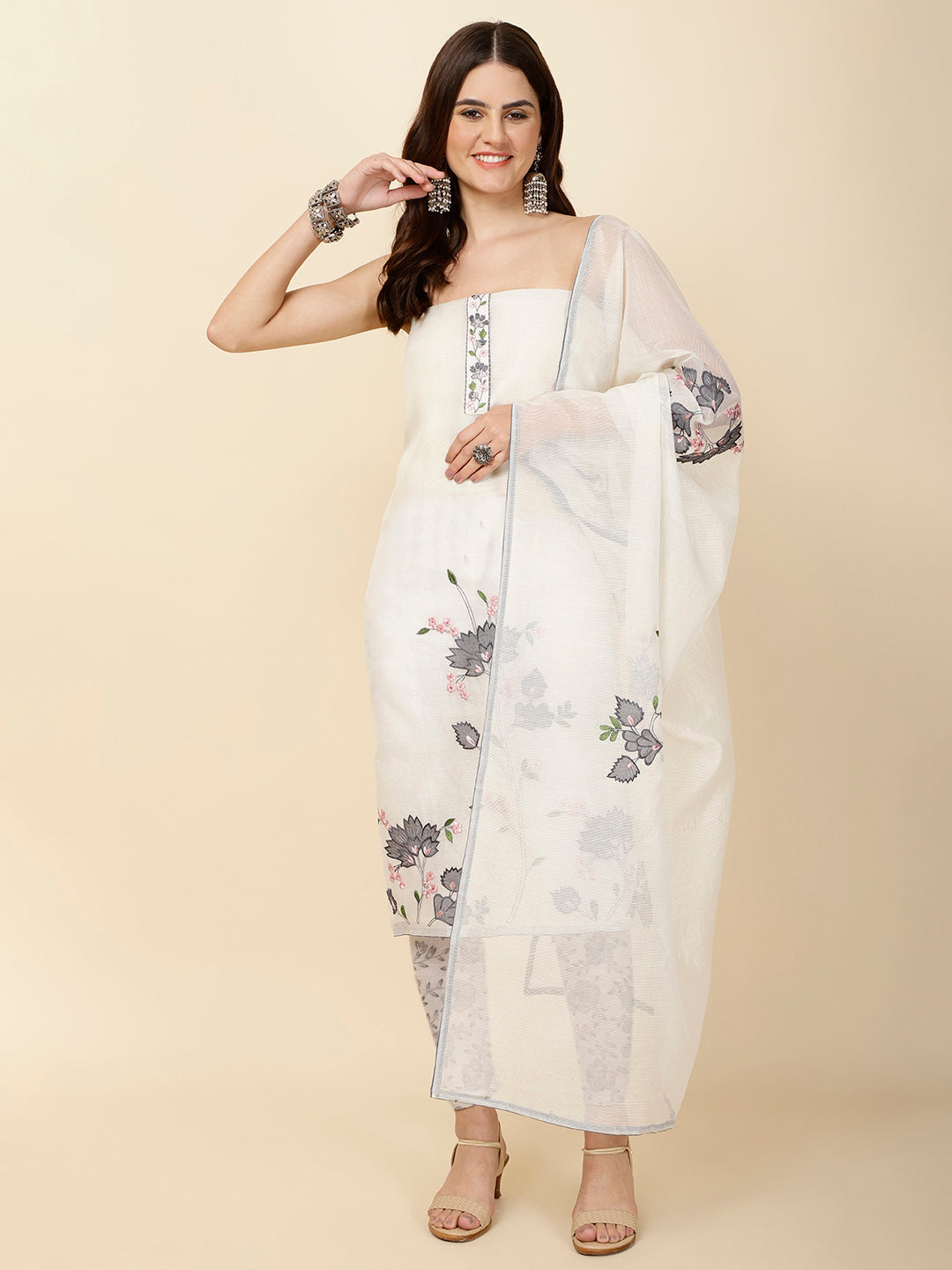 Neck Patti Cotton Unstitched Suit Piece With Dupatta