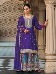 Embroidered Chinon Kurti With Plazzo & Dupatta