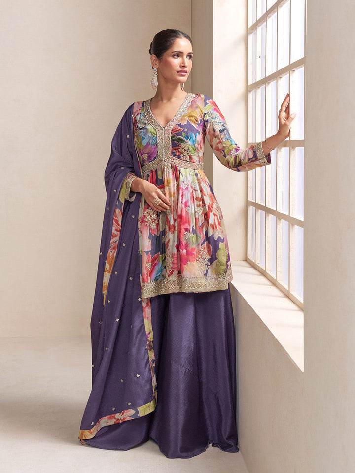 Embroidered Chinnon Kurti With Gharara &amp; Dupatta