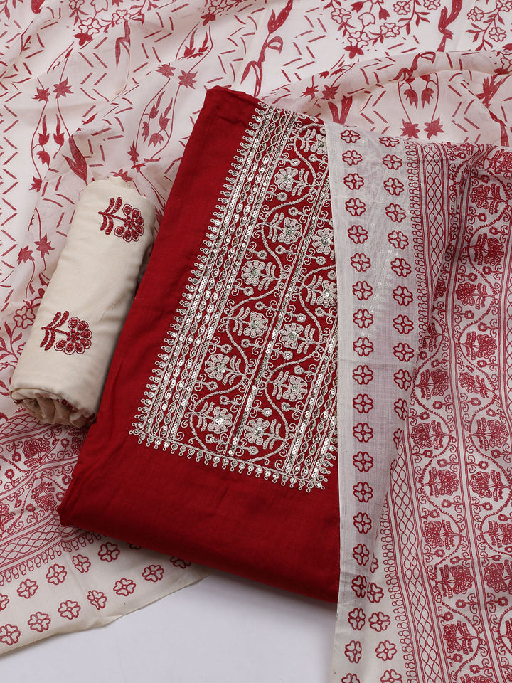 Neck Embroidered Cotton Blend Unstitched Suit With Dupatta