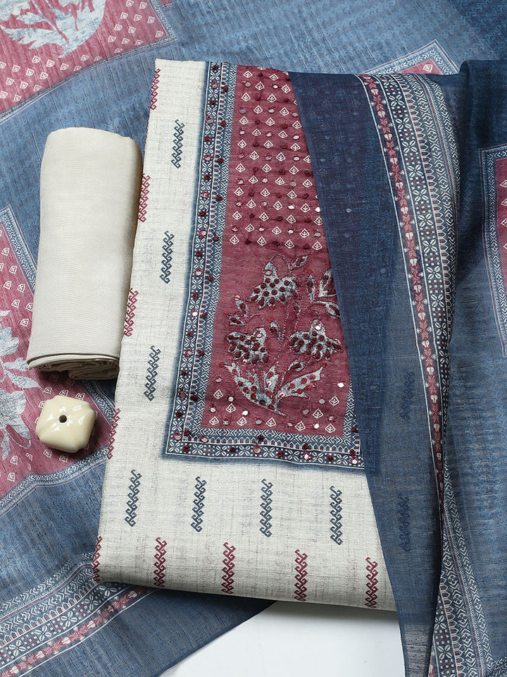 Printed Cotton Blend Unstitched Suit With Pant &amp; Dupatta