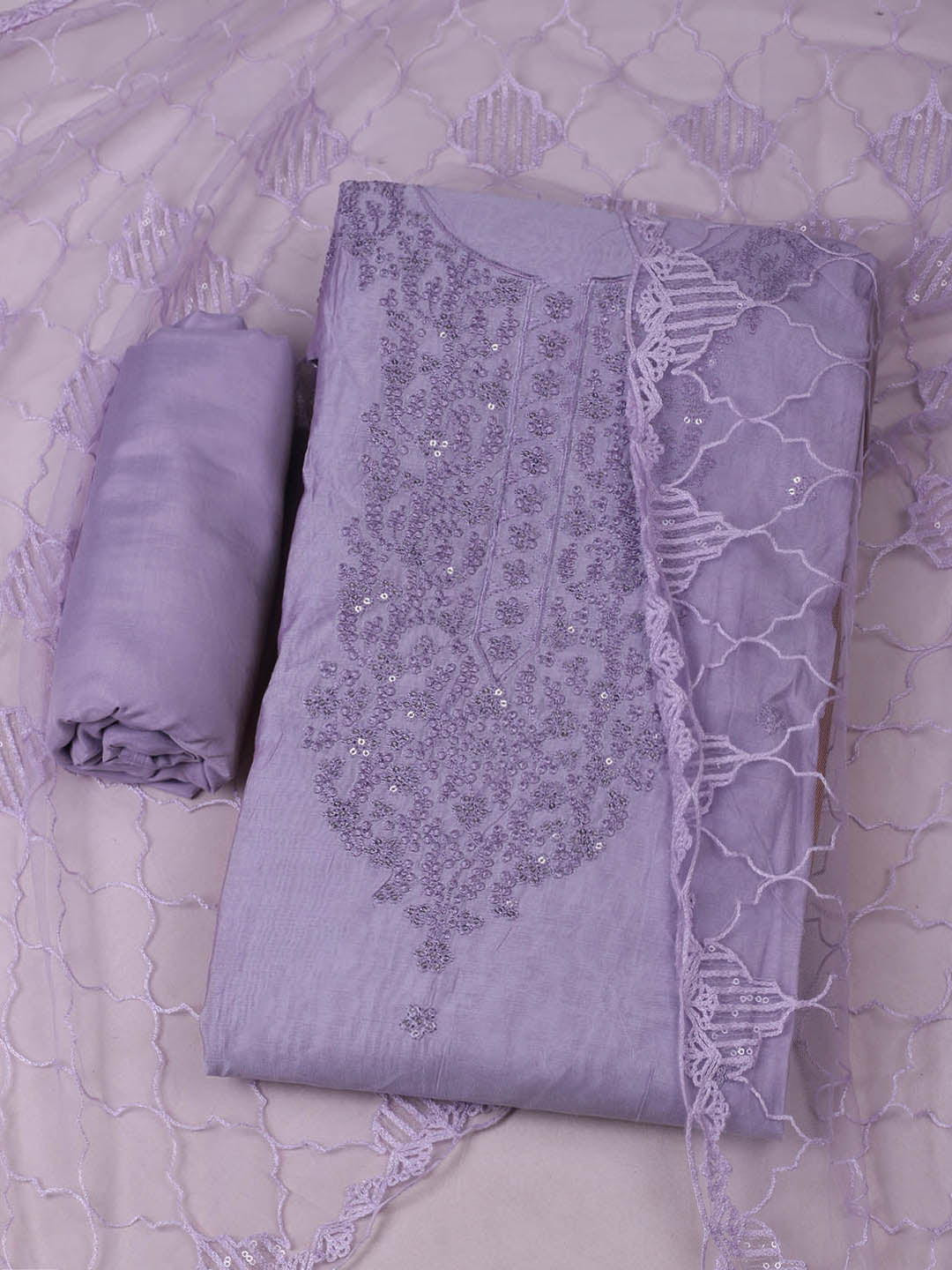 Embroidered Chanderi Unstitched Suit With Pant &amp; Dupatta