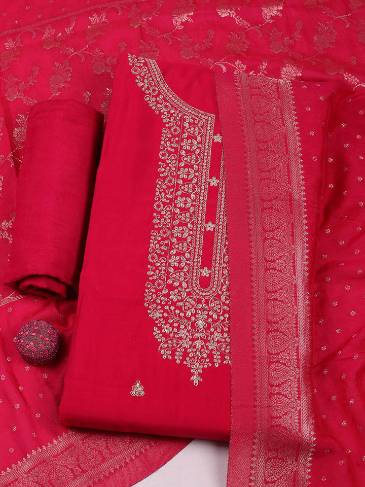 Embroidered Chanderi Unstitched Suit With Pant &amp; Dupatta