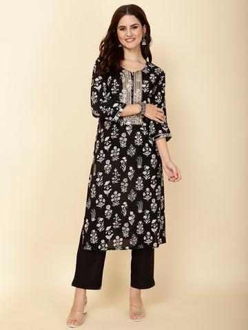 Neck Embroidery & Printed Cotton Kurta Set