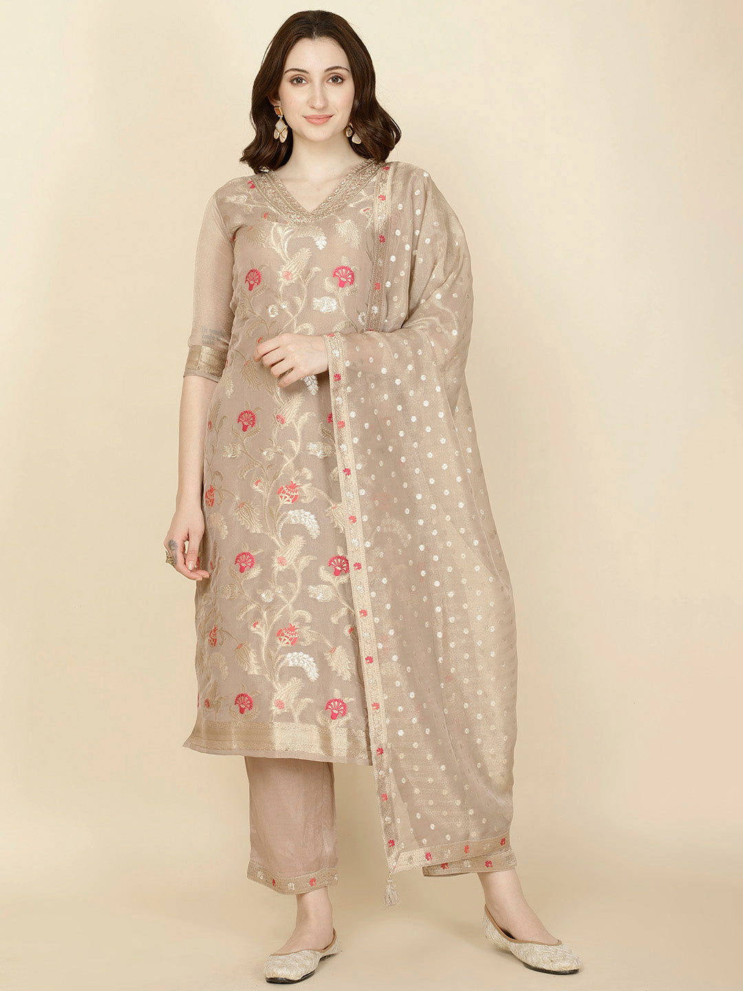 Floral Woven Tissue Kurta With Pants & Dupatta