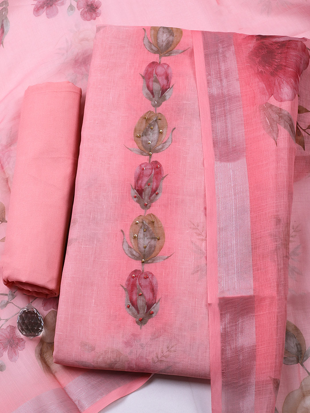 Embroidered Linen Blend Unstitched Suit With Pant &amp; Dupatta