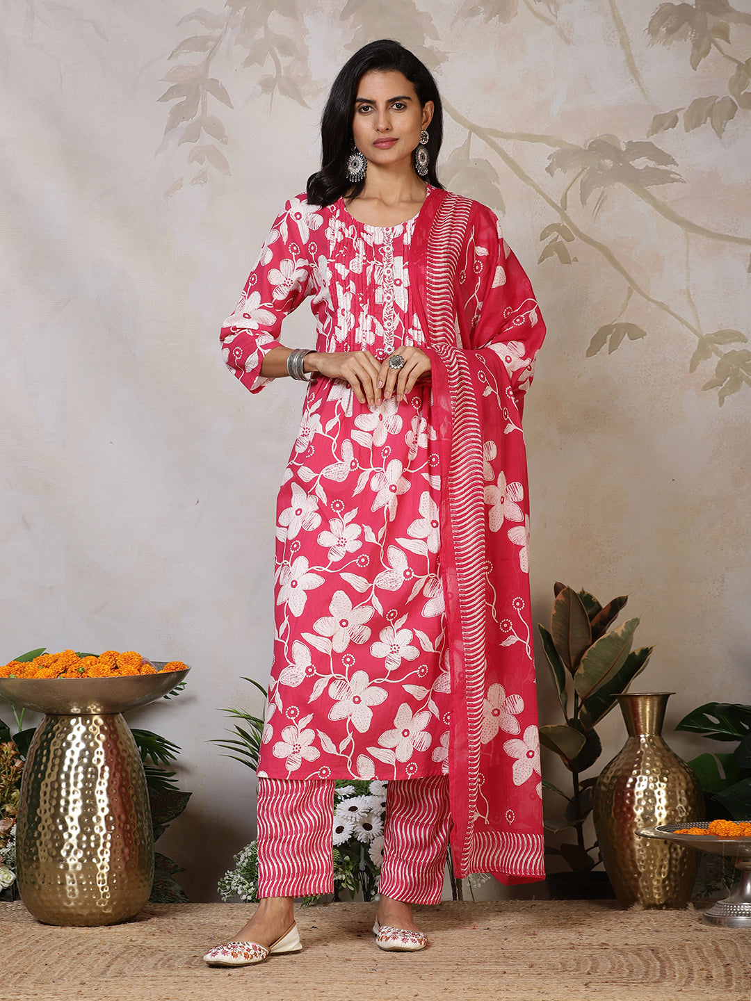 Printed Cotton Blend Kurta With Pants & Dupatta