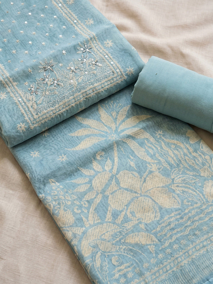 Printed Chanderi Unstitched Suit With Pant &amp; Dupatta