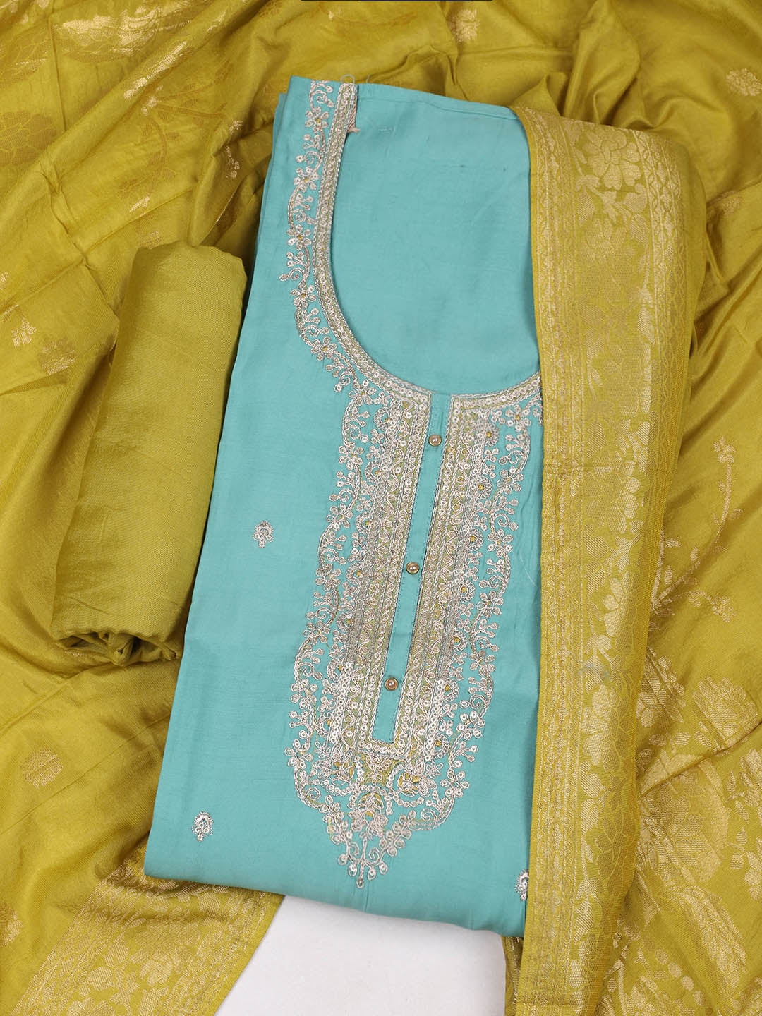Embroidered Chanderi Mehndi Unstitched Suit With Pant &amp; Dupatta