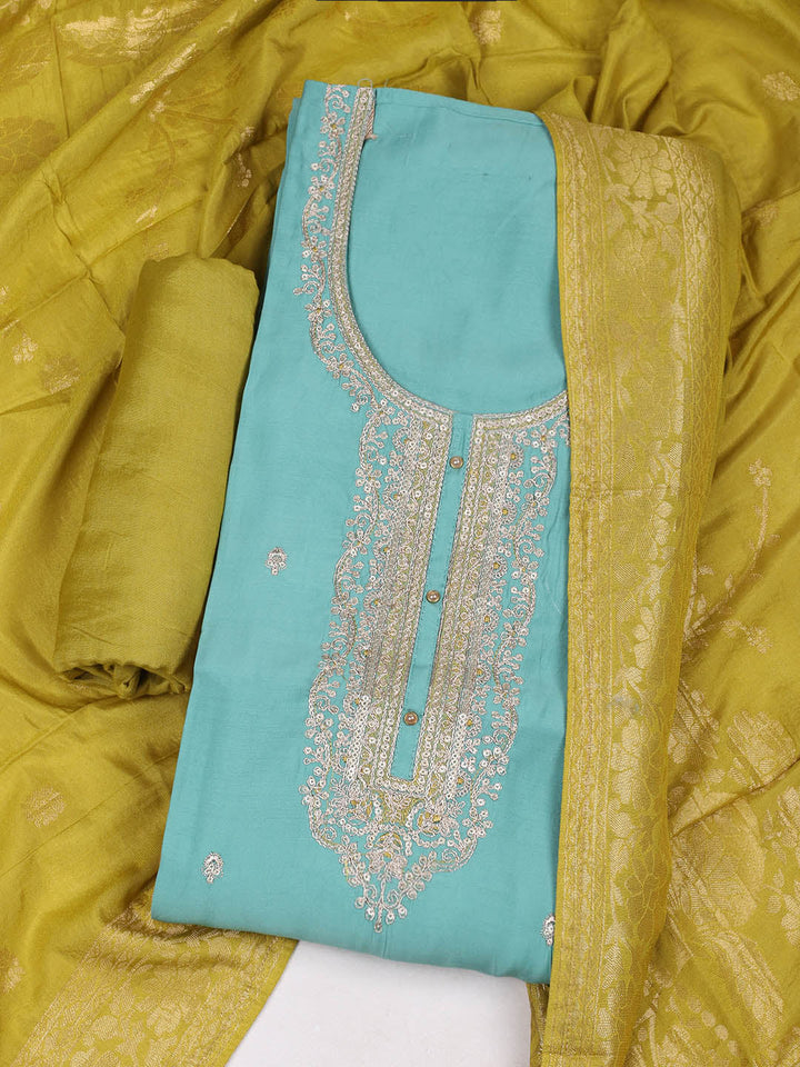 Embroidered Chanderi Mehndi Unstitched Suit With Pant &amp; Dupatta
