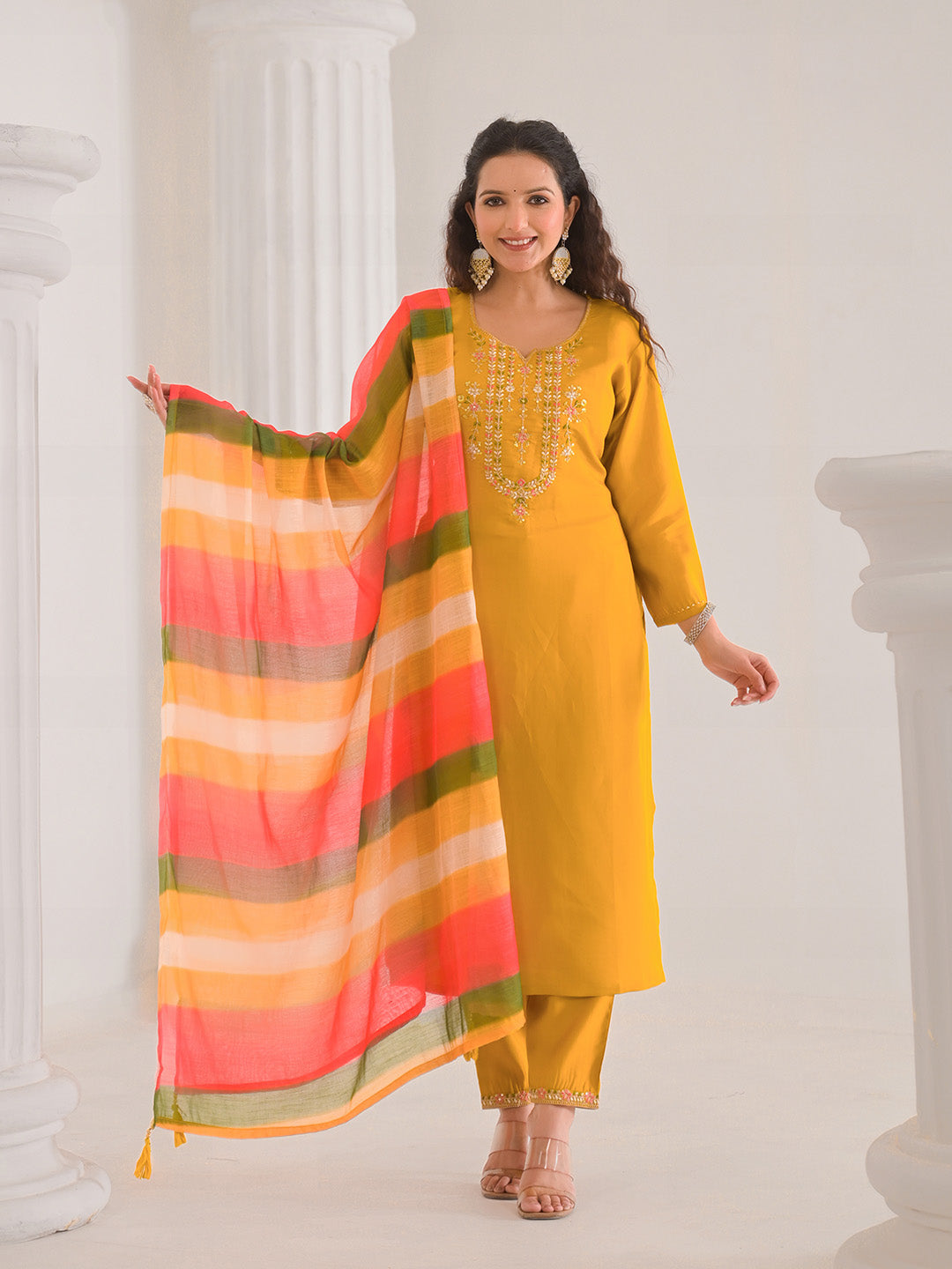 Neck Embroidery Cotton Blend Kurta With Pants &amp; Dupatta