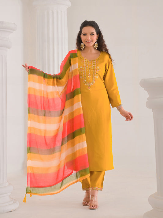 Neck Embroidery Cotton Blend Kurta With Pants & Dupatta