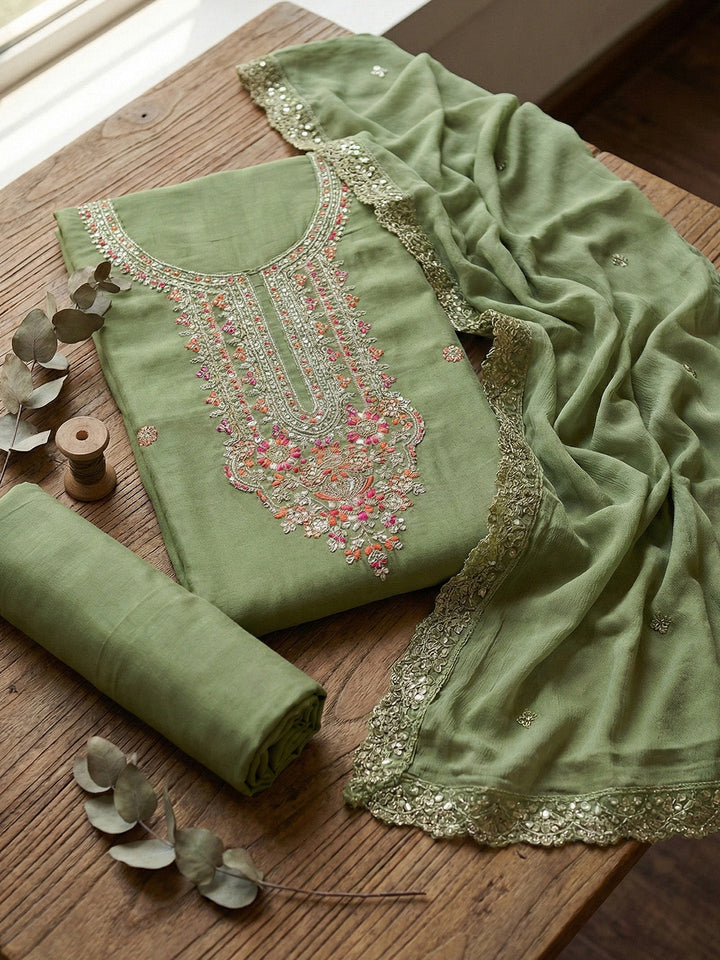 Embroidered Chanderi Unstitched Suit With Pant &amp; Dupatta