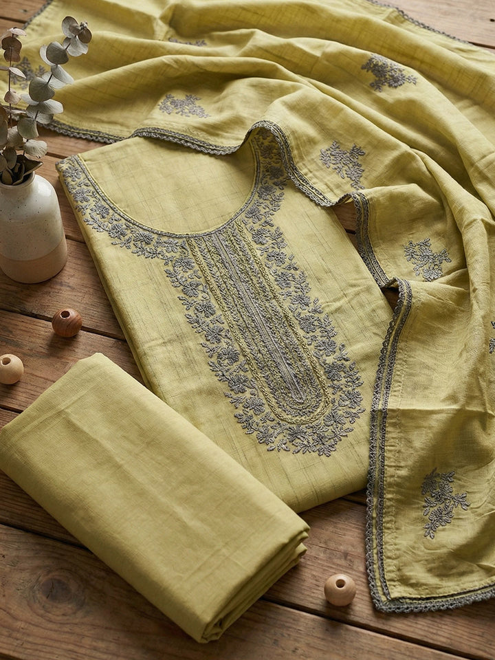 Embroidered Cotton Blend Unstitched Suit With Pant &amp; Dupatta