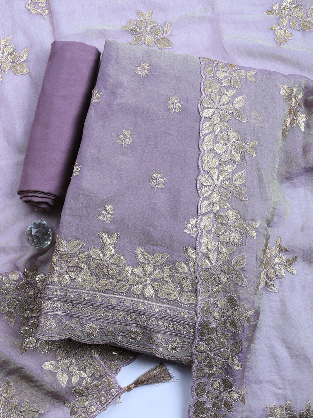 Embroidered Organza Unstitched Suit With Pant &amp; Dupatta