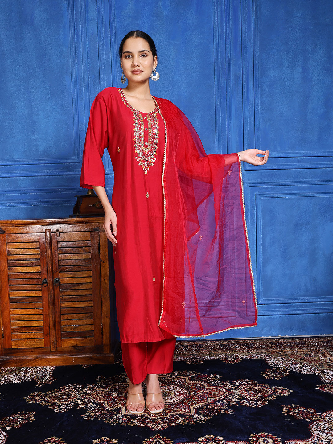 Printed Cotton Blend Kurta With Pants & Dupatta