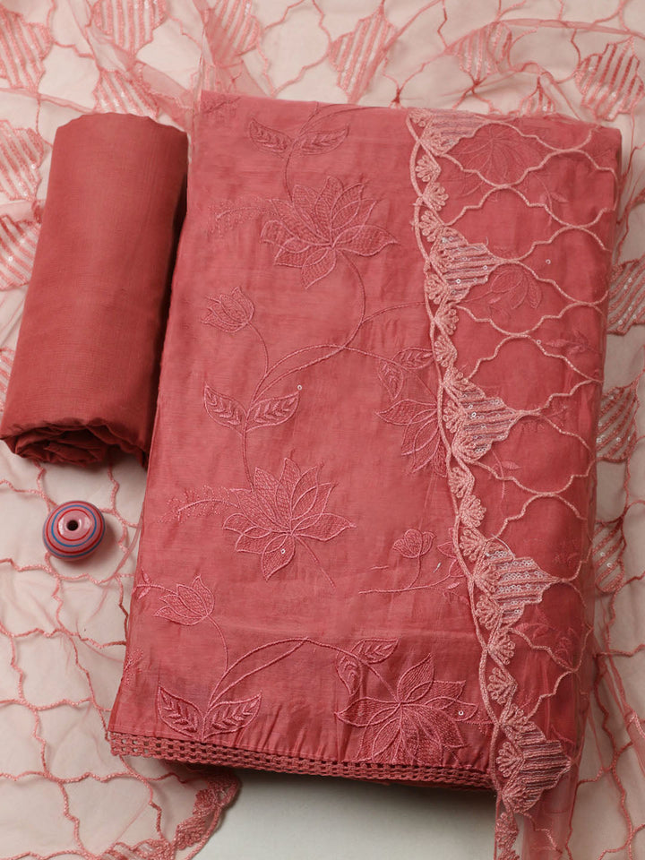 Embroidered Chanderi Unstitched Suit With Pant &amp; Dupatta
