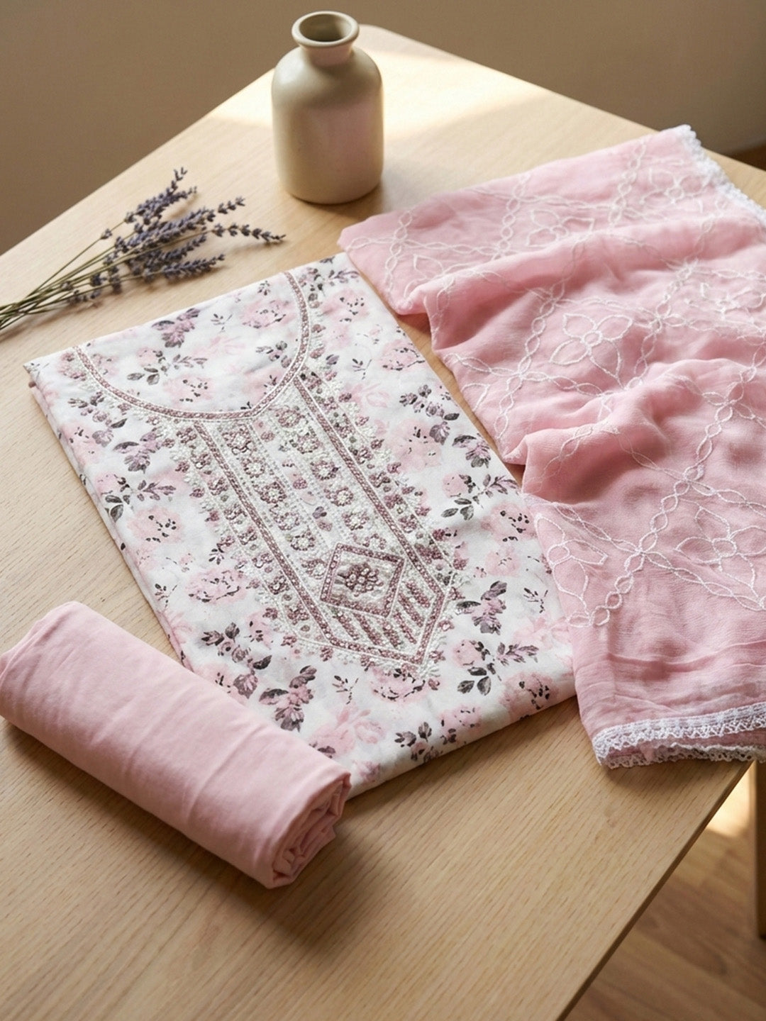 Printed Cotton Blend Unstitched Suit With Pant &amp; Dupatta