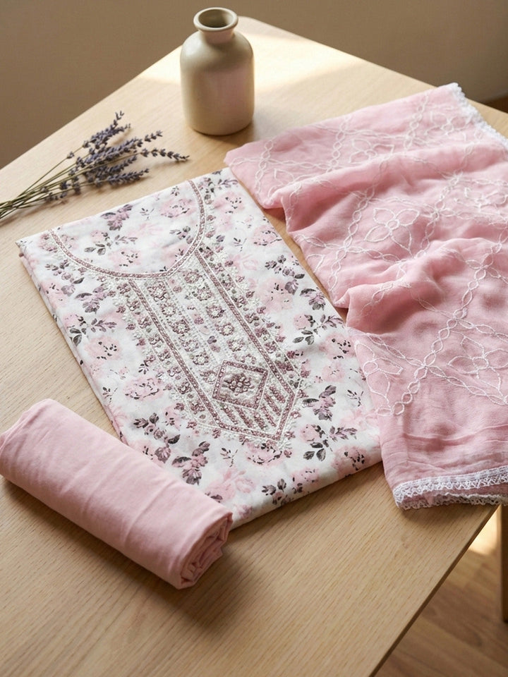 Printed Cotton Blend Unstitched Suit With Pant &amp; Dupatta