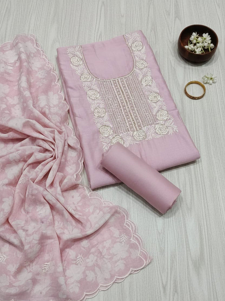 Embroidered Chanderi Unstitched Suit With Pant &amp; Dupatta
